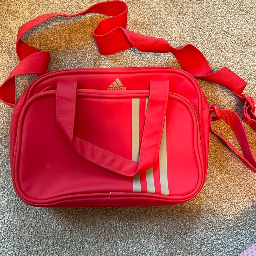 Y2K Adidas airliner bag in red and gray, adjustable strap